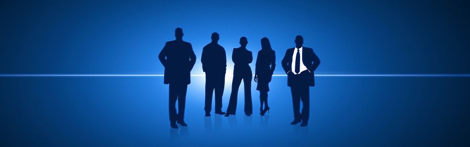 Businessman with unknown affiliates in the blue background.
