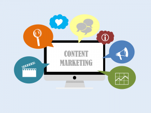 Different icons linked to laptop with Content Marketing on it.