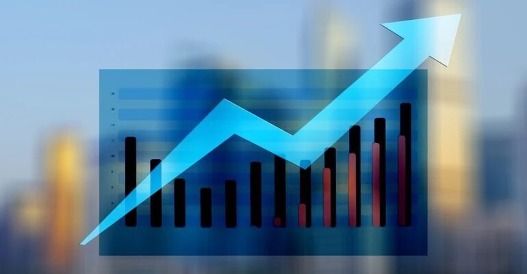 An upward graph in blue.