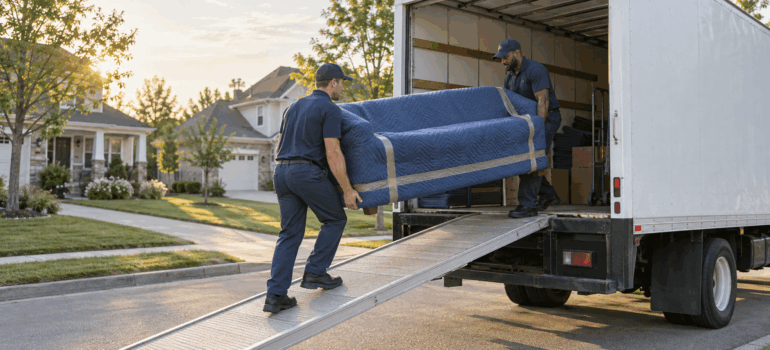 Two movers in plain uniforms loading a blanket-wrapped sofa into a white box truck