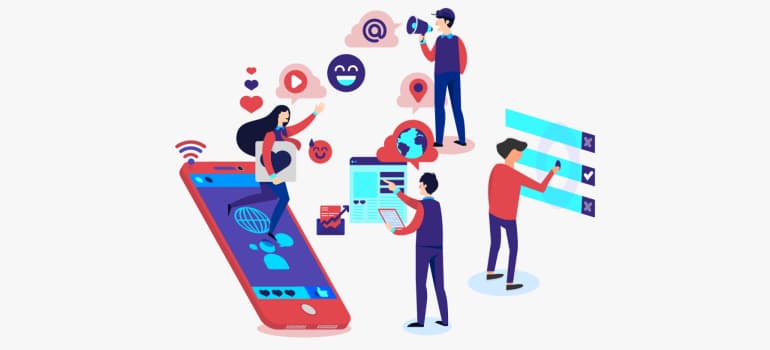 Illustration of people engaging in various digital marketing activities, including social media and online reviews, emphasizing the importance of local SEO for multiple moving company locations.