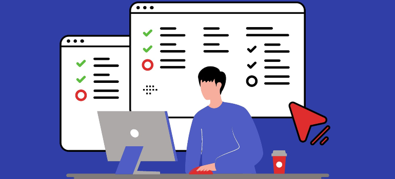 Illustration of a person working on a computer with multiple checklists and tasks on the screen, representing the importance of maintaining consistent NAP information for local SEO for multiple moving company locations.