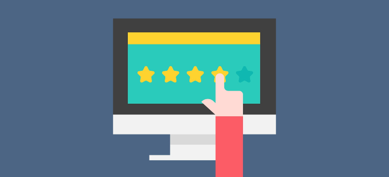 Illustration of a computer screen with a hand selecting a four-star rating.