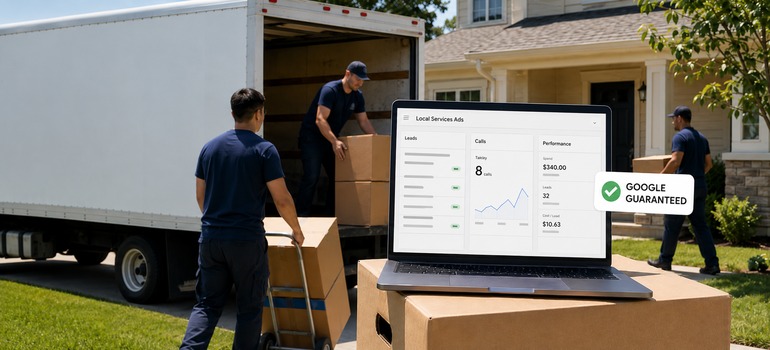 A Google Guaranteed mover carries a box out to the truck.