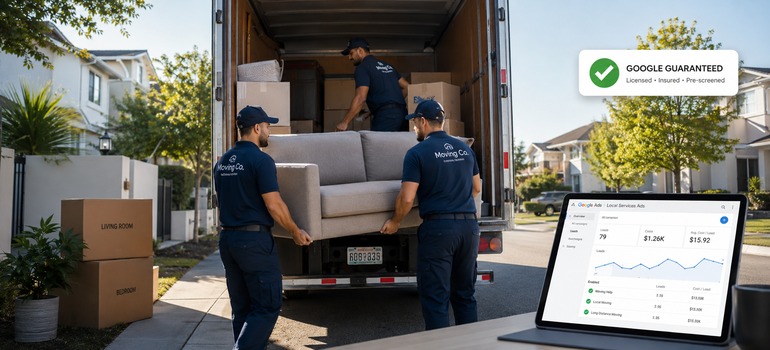 Movers load the truck while tracking calls and leads on their Local Services Ads dashboard.