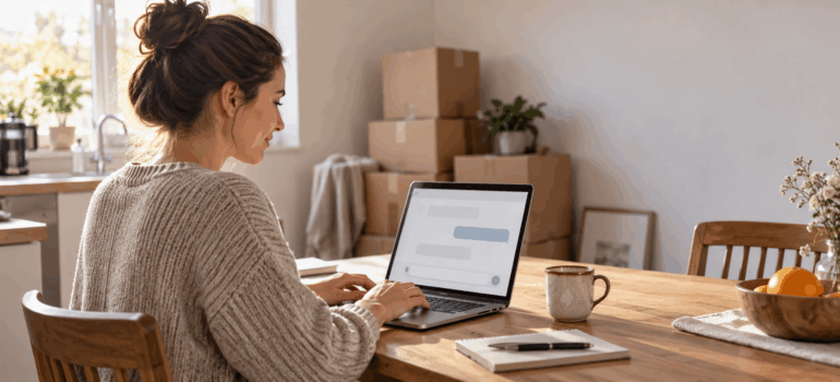 a woman comparing moving companies on a map app with star ratings in a half-packed living room