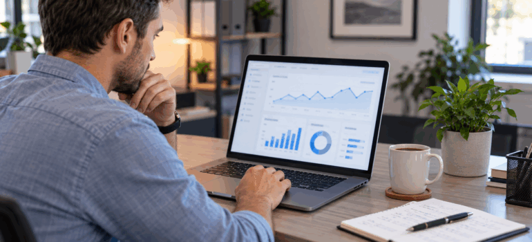 a marketing analyst reviewing a website analytics dashboard with line and bar charts on a laptop