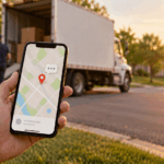 a person holding a smartphone with a chat icon on a map while movers carry boxes to a house