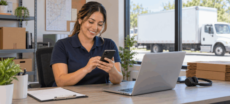 a moving company office coordinator replying to a customer text at her desk with a box truck outside