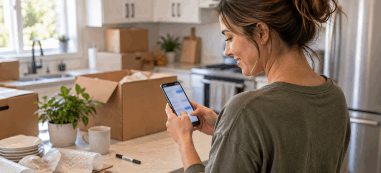 a woman typing a follow-up question about local movers in Google AI Mode on her laptop at a kitchen table